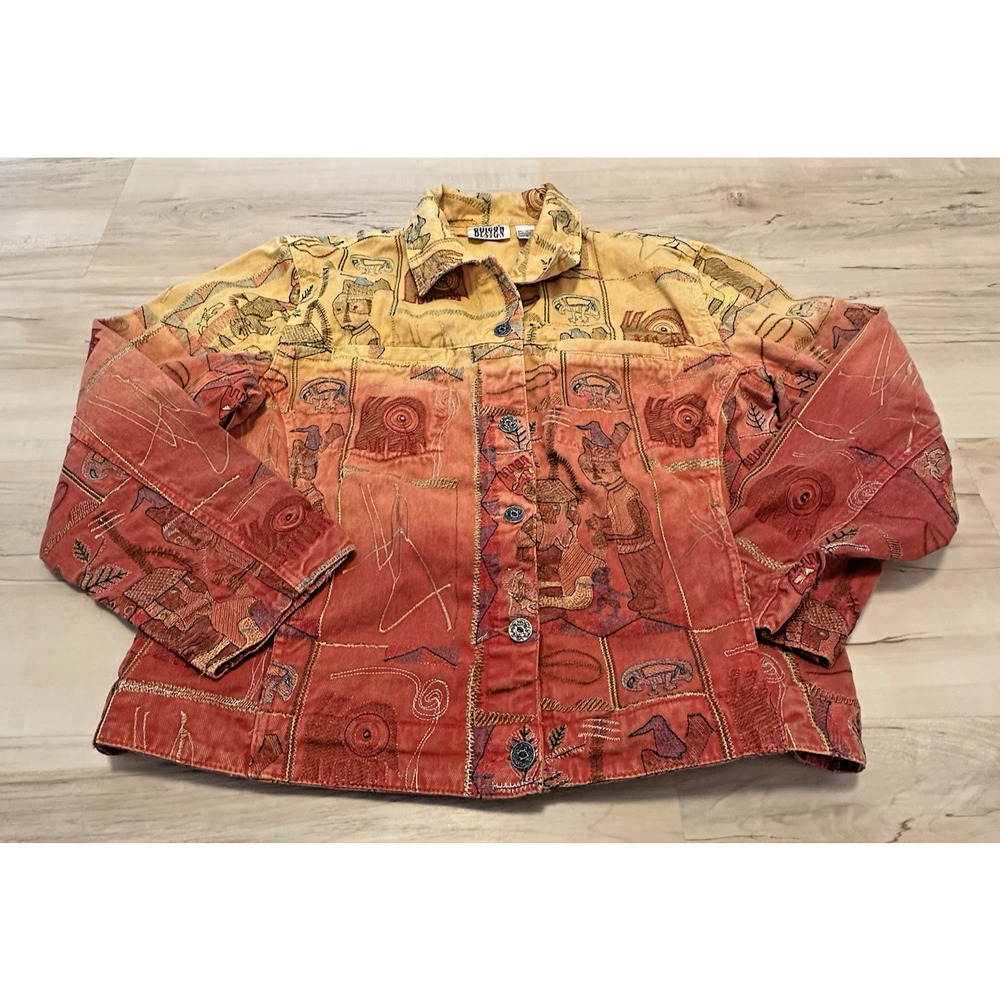 Chico's Design 1 8 Jacket Embroidered‎ Folk Denim Jean Jacket Art-to-Wear Orange